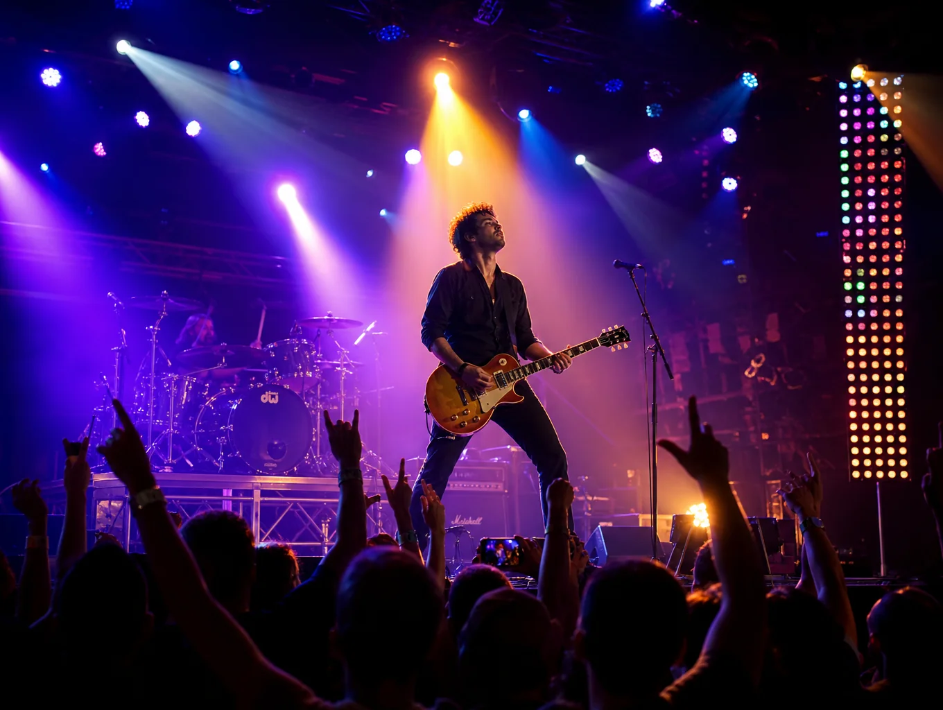 Guitarrista ejecutando solo en concierto en vivo con luces escénicas de alto contraste.