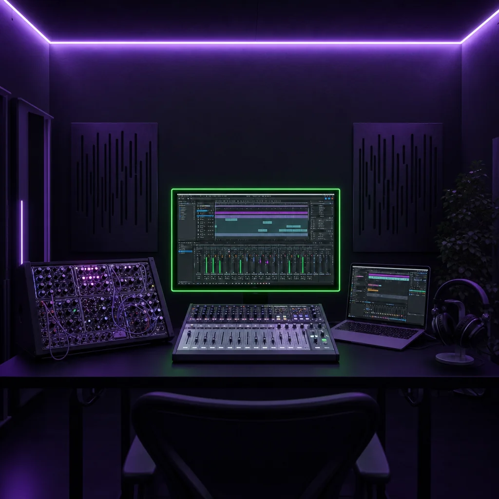 Sintetizadores modulares analógicos con luces LED en cabina de emisión nocturna.