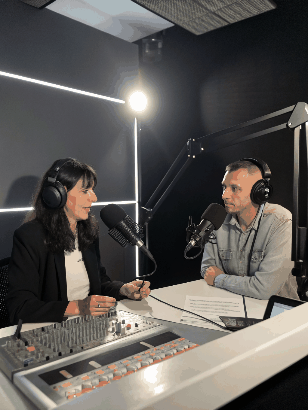 Locutores de ONEVOZ Media conduciendo programa en cabina de radio con micrófonos profesionales.