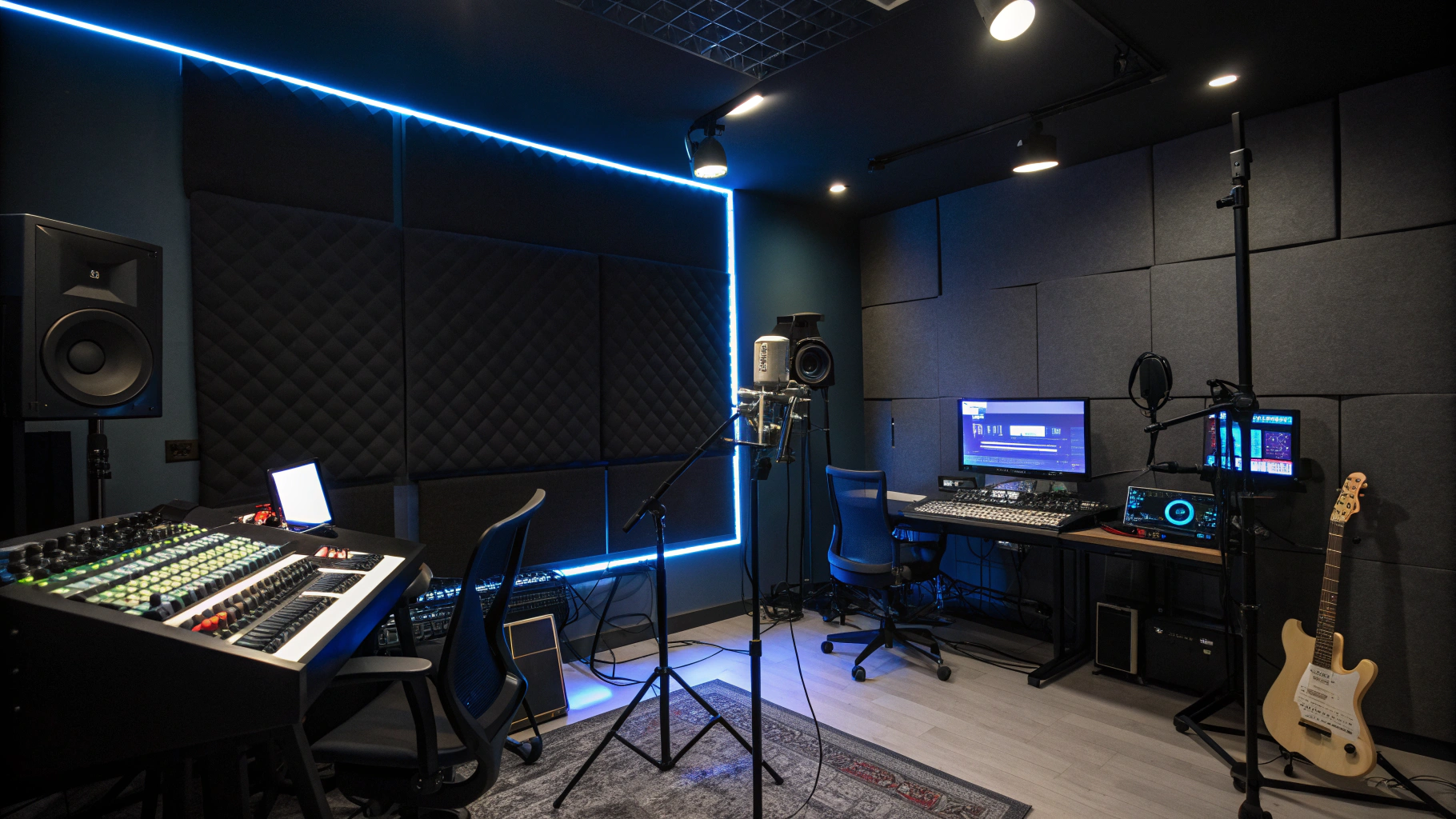 Consola de sonido y faders iluminados en cabina de grabación de podcast