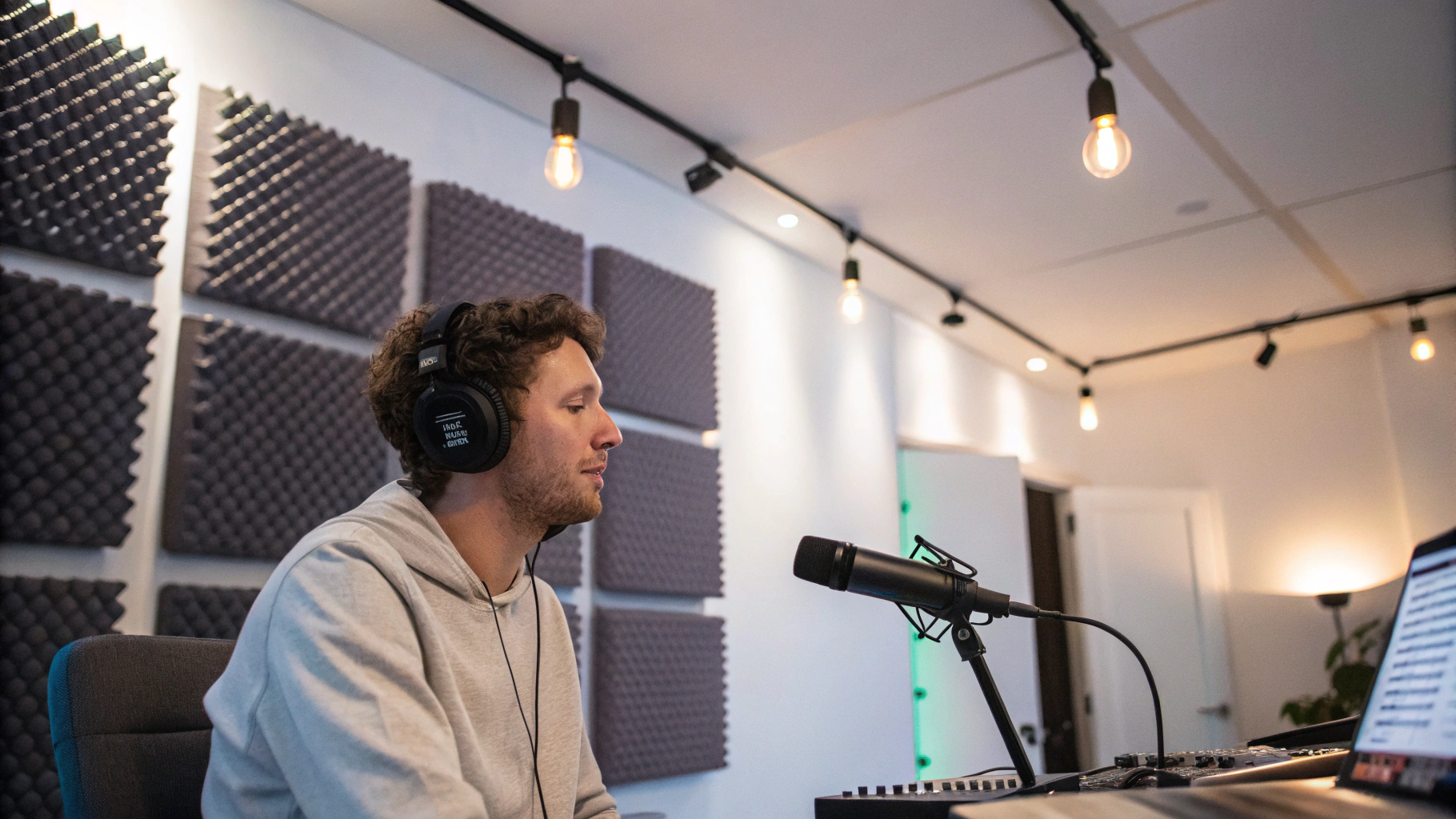 Locutor de radio con audífonos profesionales frente a micrófono de condensador en cabina acústica