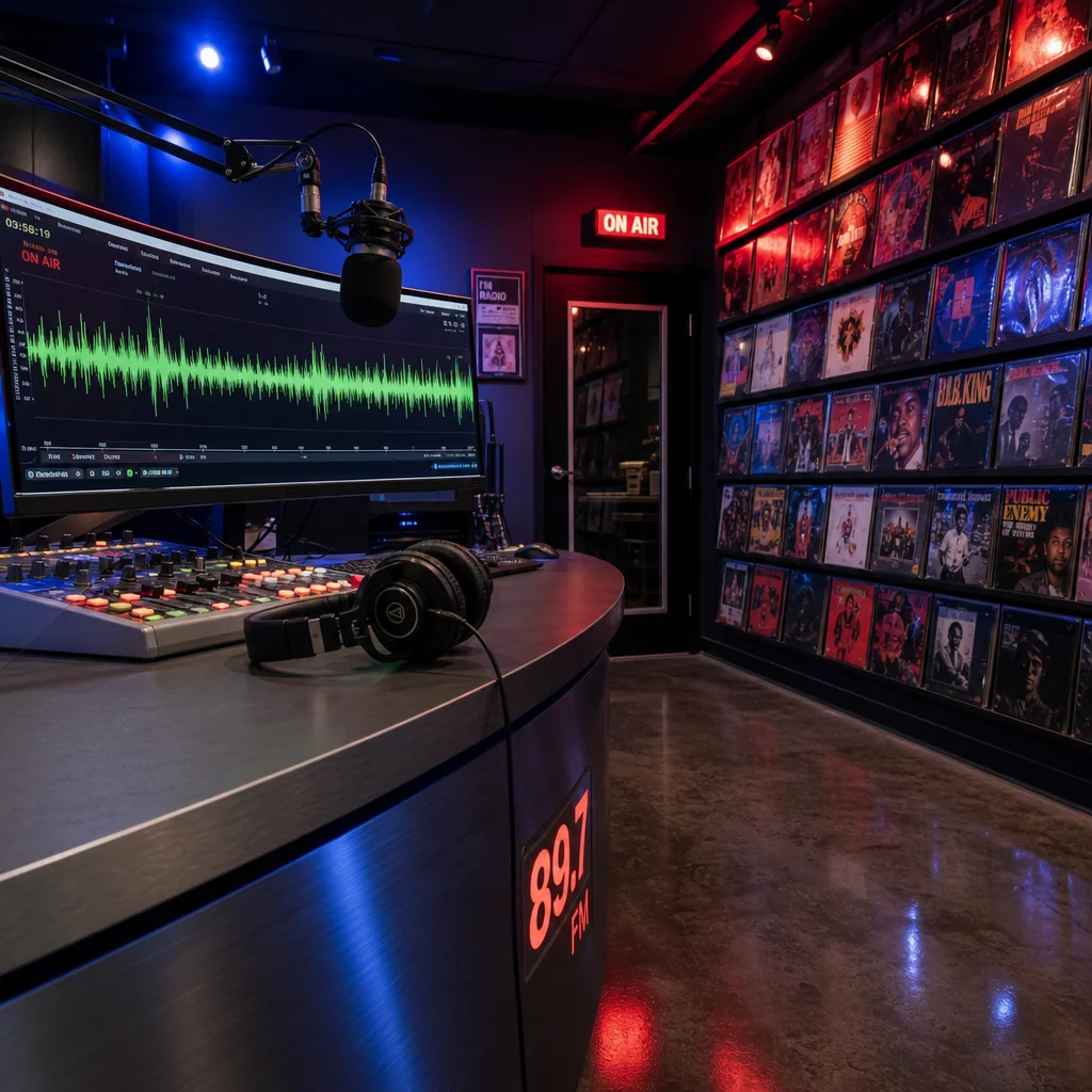 Mesa de control de audio en estudio de radio con monitores activos y vúmetros encendidos.