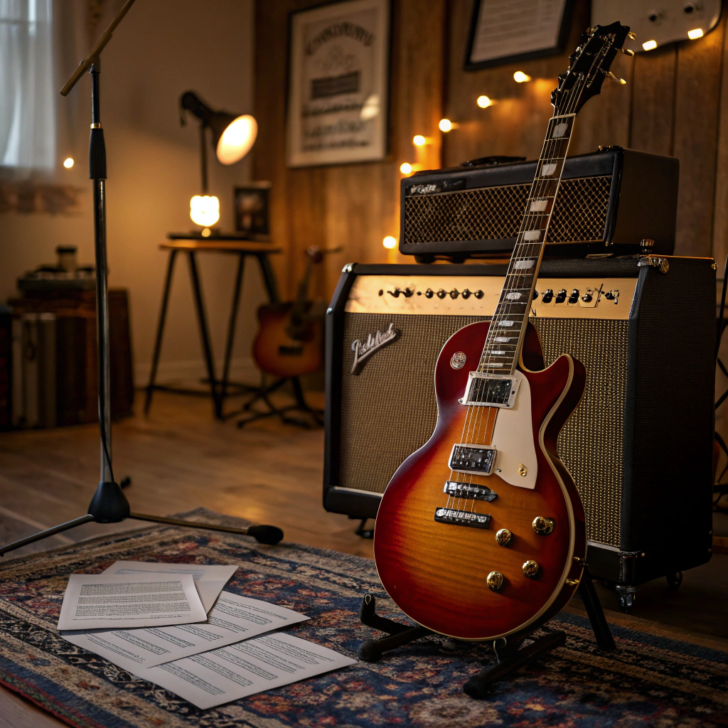 Guitarra eléctrica clásica y amplificador de bulbos en estudio de grabación.