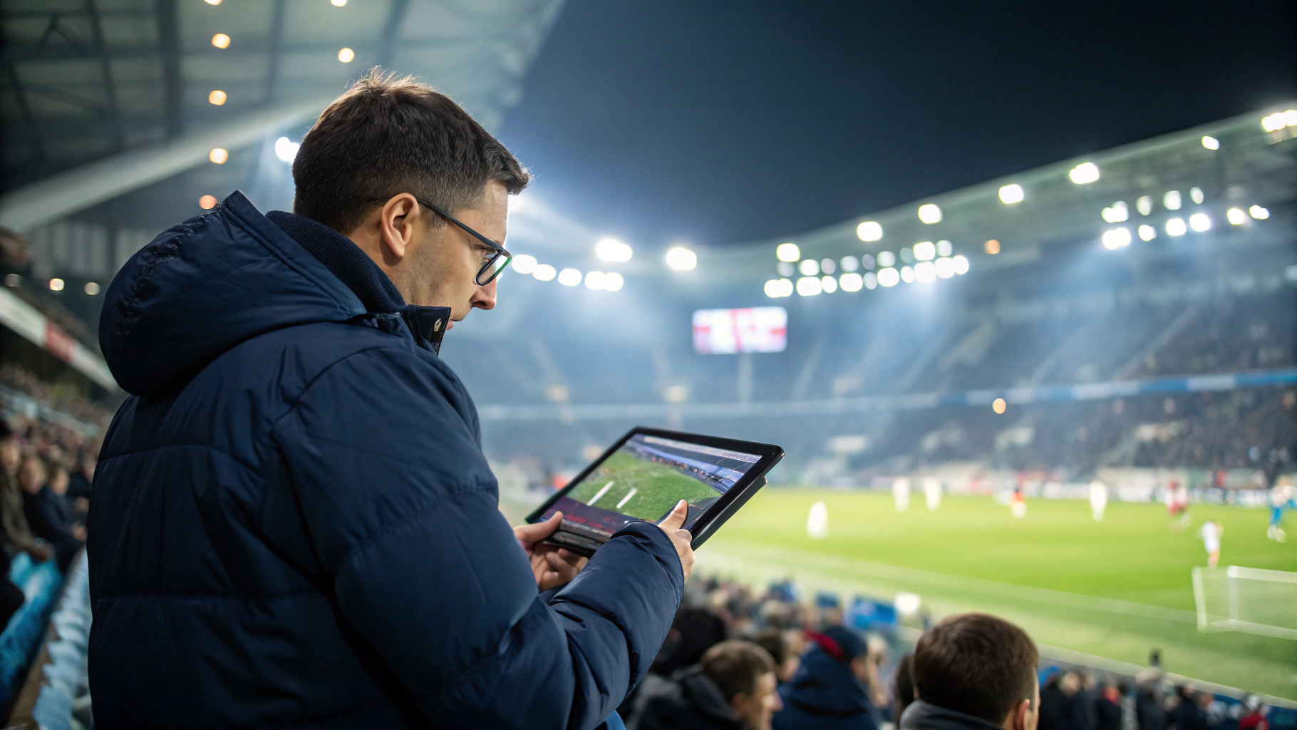 Periodistas deportivos trabajando en tribuna de prensa con vista al campo iluminado